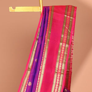 Purple zari buttas silk saree, contrast intricate pallu & rettai pettu border of rekku,Muthu,banaras & mayil poun