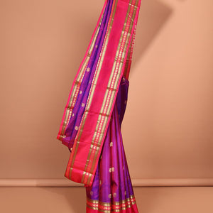 Purple zari buttas silk saree, contrast intricate pallu & rettai pettu border of rekku,Muthu,banaras & mayil poun