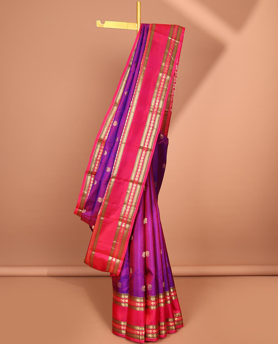 Purple zari buttas silk saree, contrast intricate pallu & rettai pettu border of rekku,Muthu,banaras & mayil poun