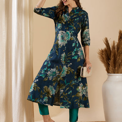 Floral Foil Printed A-Line Flared Kurta - Teal Blue