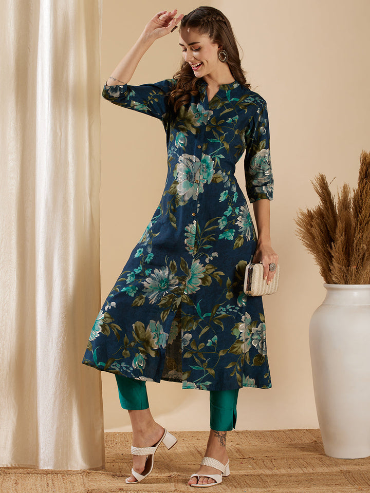 Floral Foil Printed A-Line Flared Kurta - Teal Blue