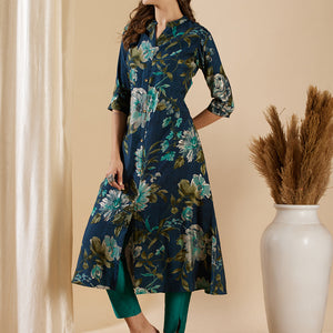 Floral Foil Printed A-Line Flared Kurta - Teal Blue
