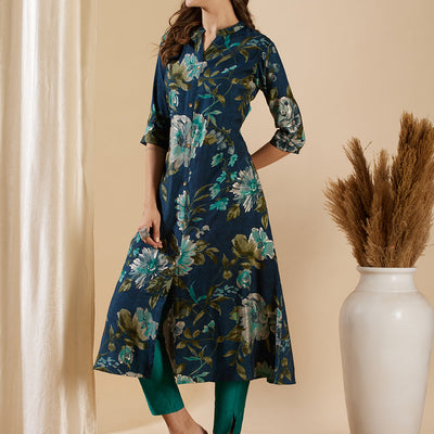 Floral Foil Printed A-Line Flared Kurta - Teal Blue