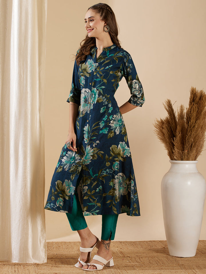 Floral Foil Printed A-Line Flared Kurta - Teal Blue