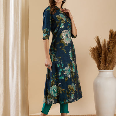 Floral Foil Printed A-Line Flared Kurta - Teal Blue