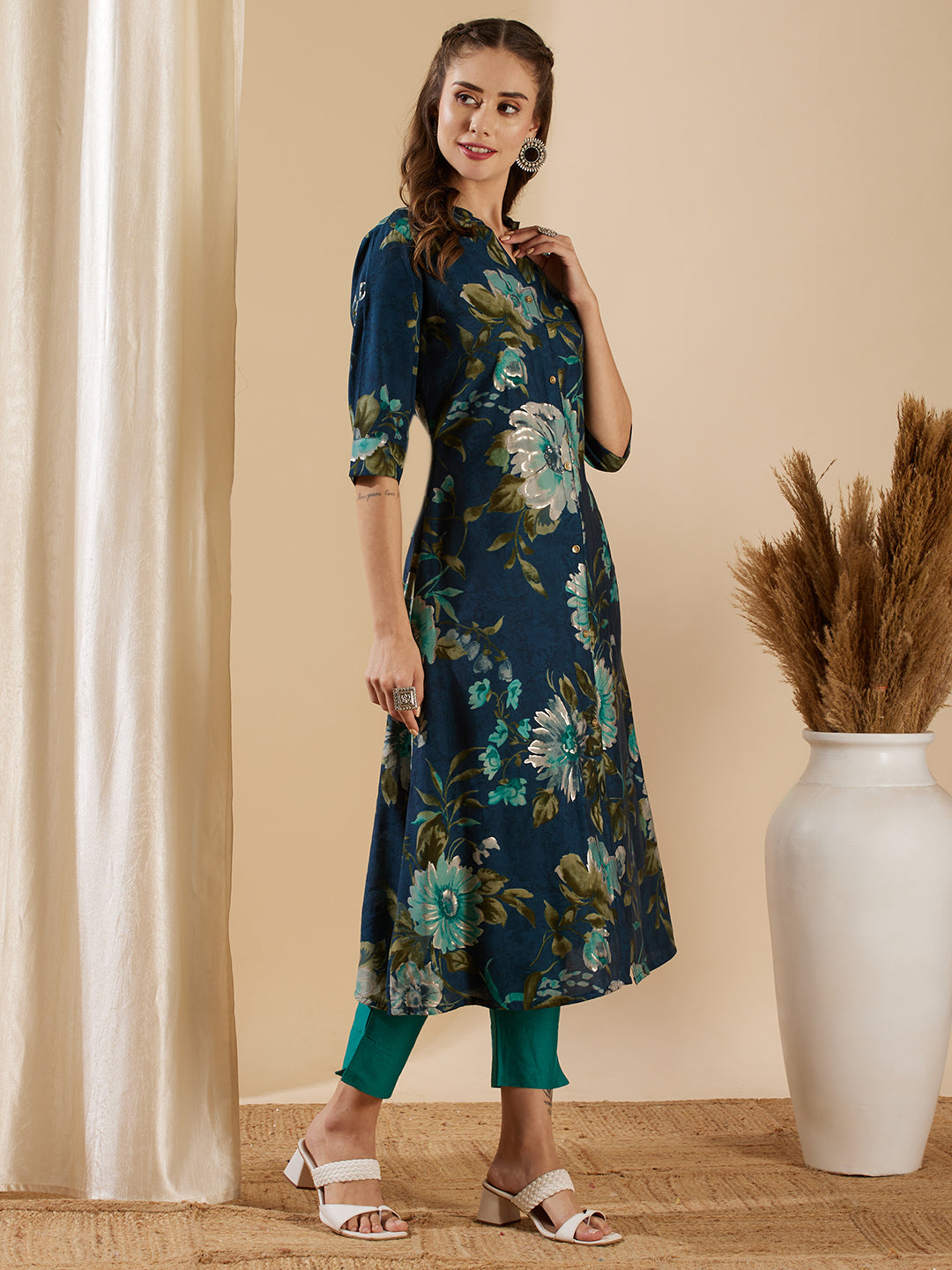 Floral Foil Printed A-Line Flared Kurta - Teal Blue