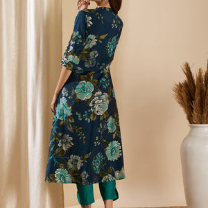 Floral Foil Printed A-Line Flared Kurta - Teal Blue