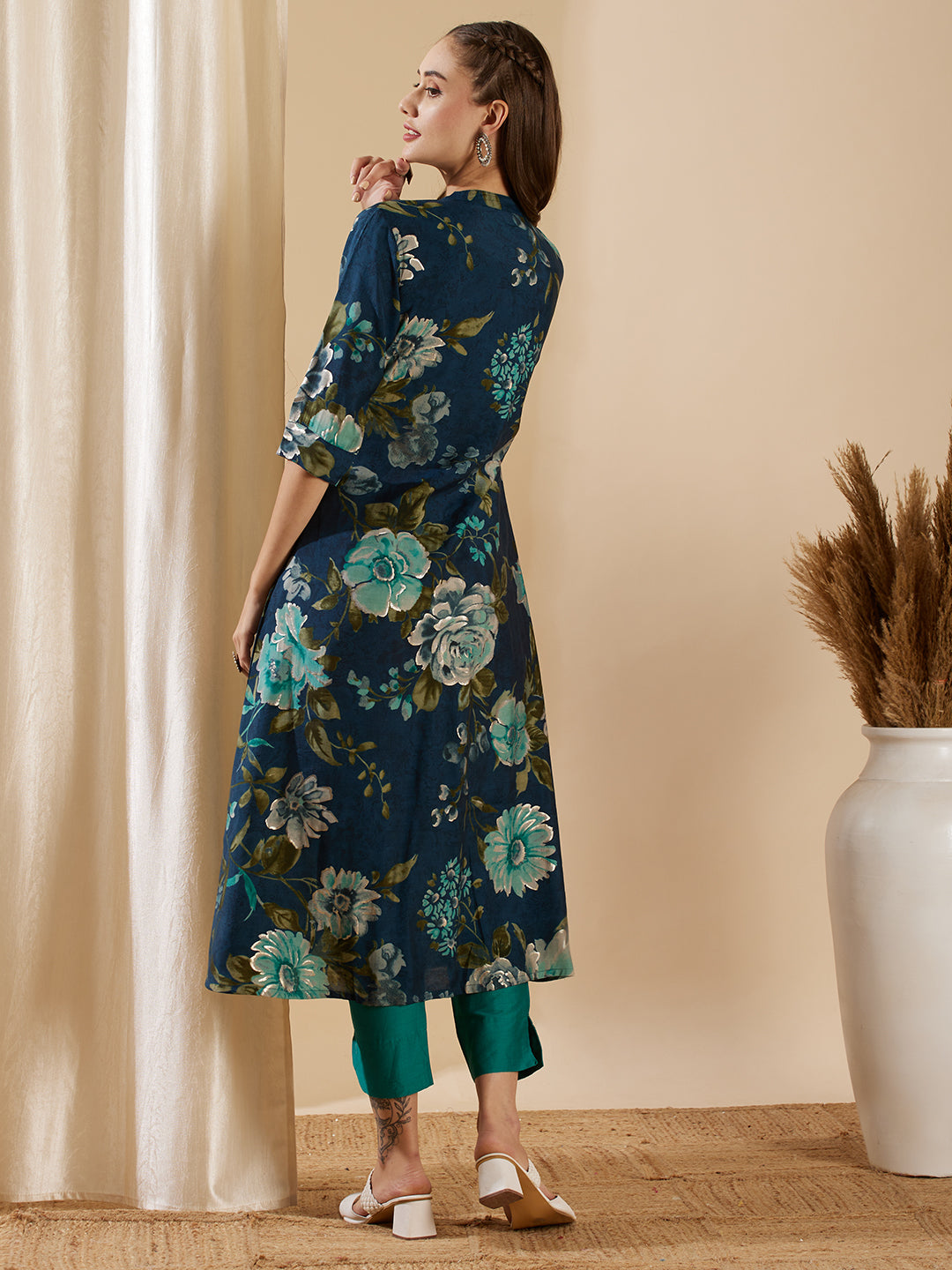 Floral Foil Printed A-Line Flared Kurta - Teal Blue