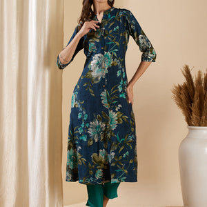 Floral Foil Printed A-Line Flared Kurta - Teal Blue