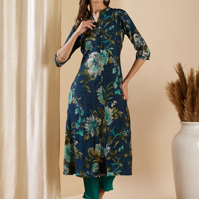 Floral Foil Printed A-Line Flared Kurta - Teal Blue
