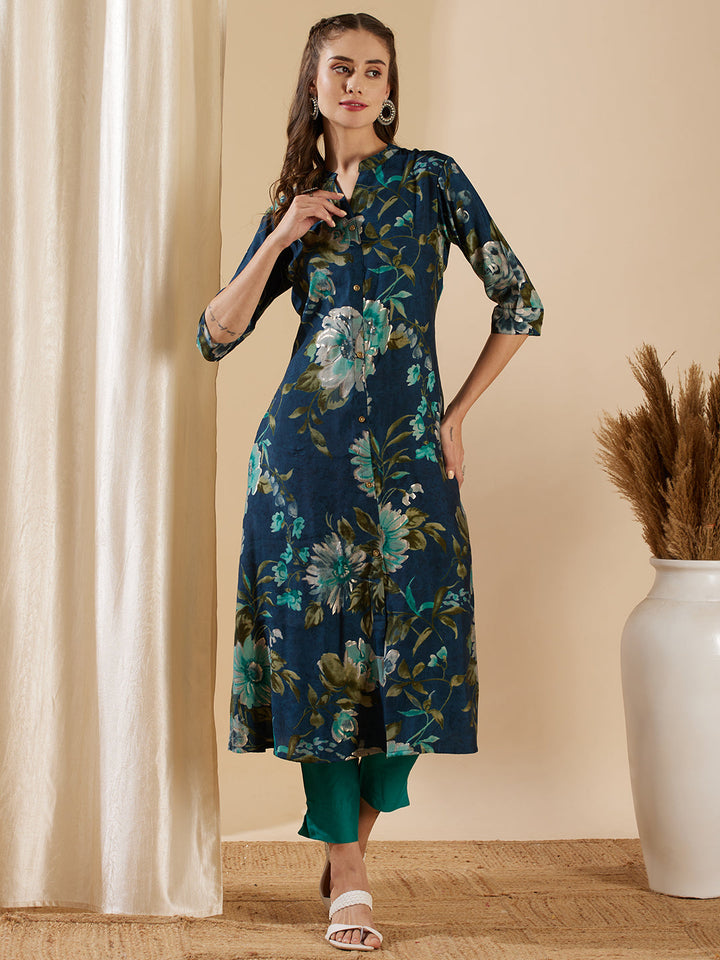 Floral Foil Printed A-Line Flared Kurta - Teal Blue