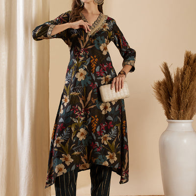 Floral Foil Printed & Embroidered A-Line Kurta with Pant - Black