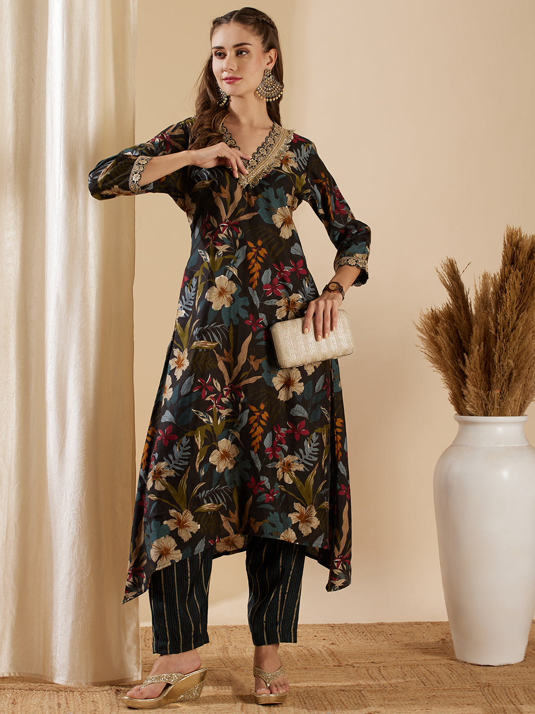 Floral Foil Printed & Embroidered A-Line Kurta with Pant - Black