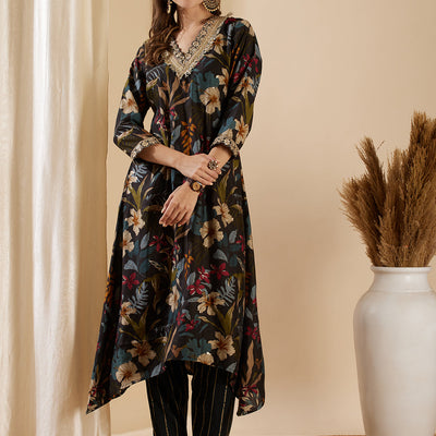 Floral Foil Printed & Embroidered A-Line Kurta with Pant - Black