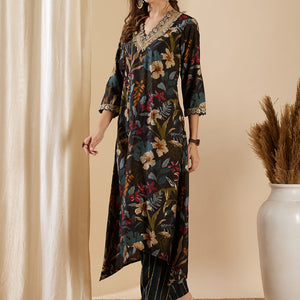 Floral Foil Printed & Embroidered A-Line Kurta with Pant - Black