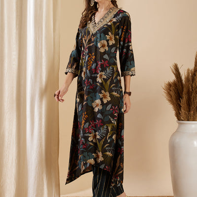 Floral Foil Printed & Embroidered A-Line Kurta with Pant - Black