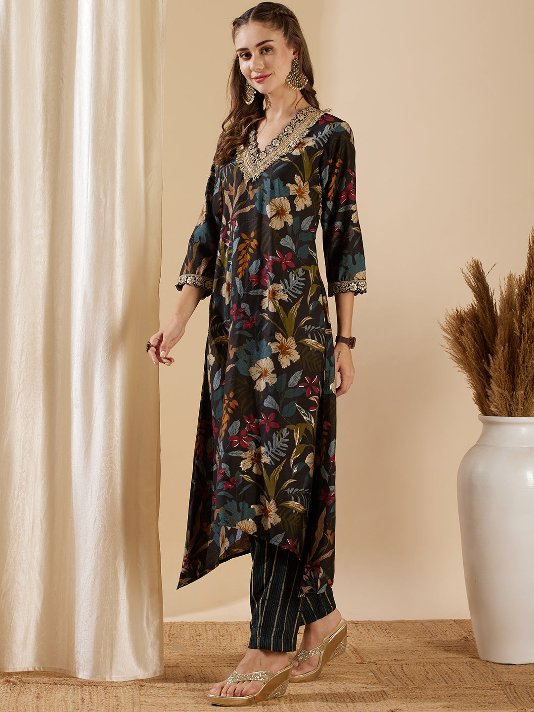 Floral Foil Printed & Embroidered A-Line Kurta with Pant - Black