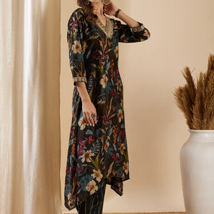 Floral Foil Printed & Embroidered A-Line Kurta with Pant - Black