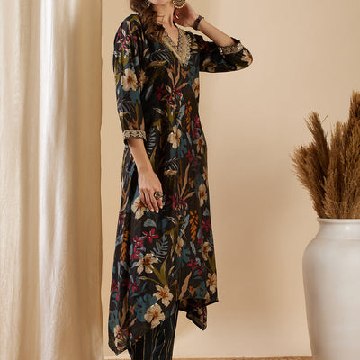 Floral Foil Printed & Embroidered A-Line Kurta with Pant - Black