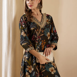 Floral Foil Printed & Embroidered A-Line Kurta with Pant - Black