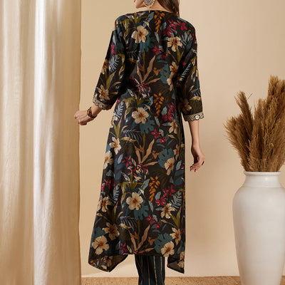 Floral Foil Printed & Embroidered A-Line Kurta with Pant - Black