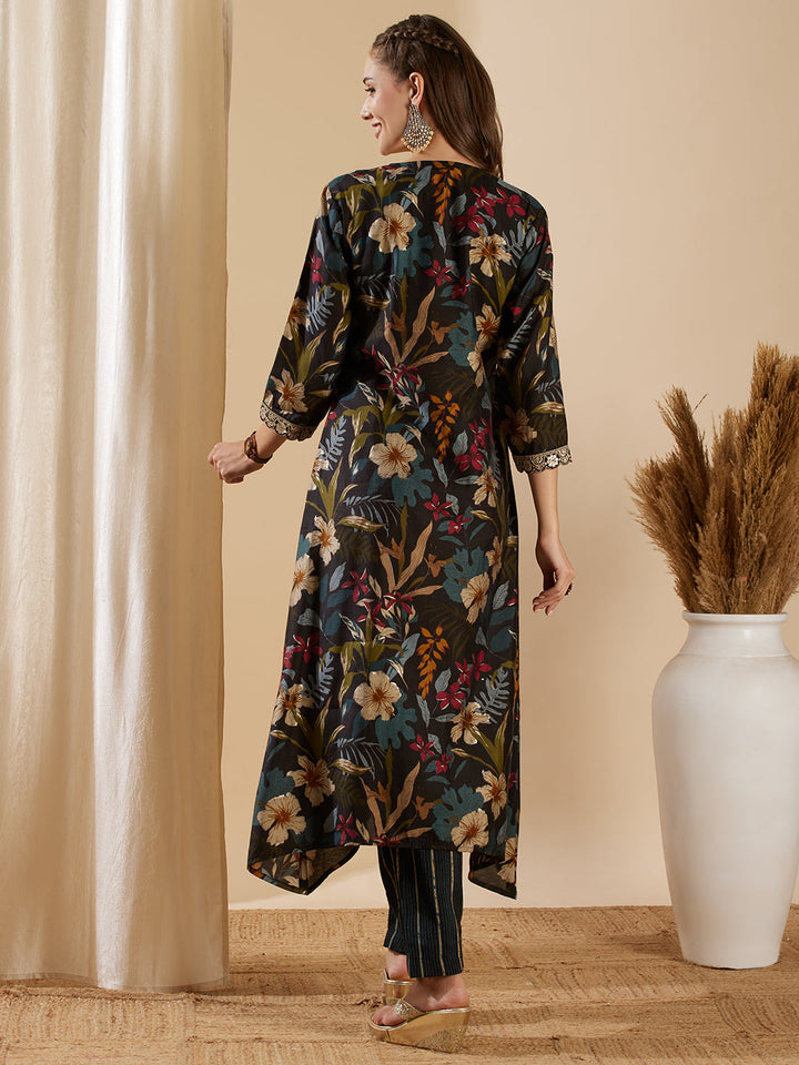 Floral Foil Printed & Embroidered A-Line Kurta with Pant - Black