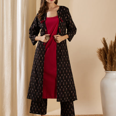 Ethnic Ikat Printed A-Line Jacket with Solid Inner & Printed Palazzo - Black