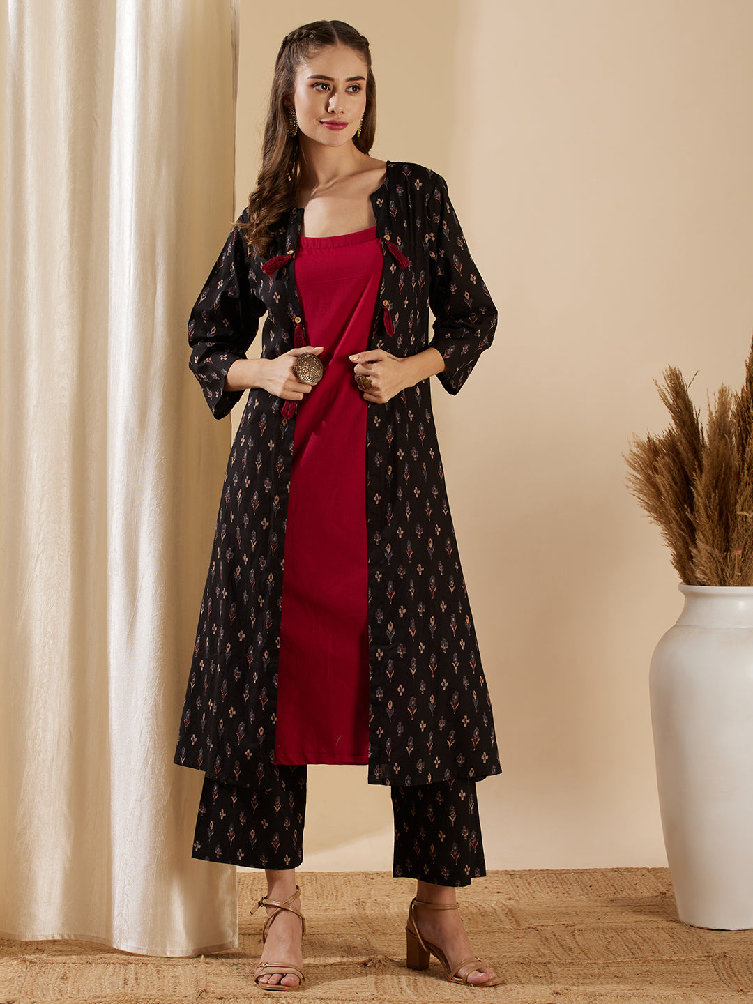 Ethnic Ikat Printed A-Line Jacket with Solid Inner & Printed Palazzo - Black