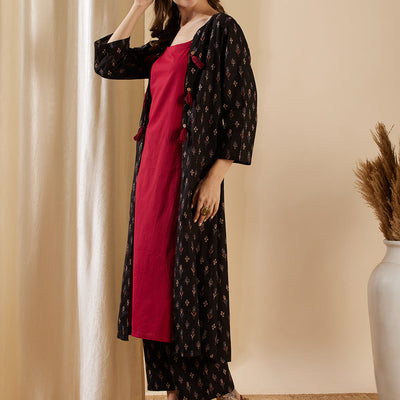 Ethnic Ikat Printed A-Line Jacket with Solid Inner & Printed Palazzo - Black