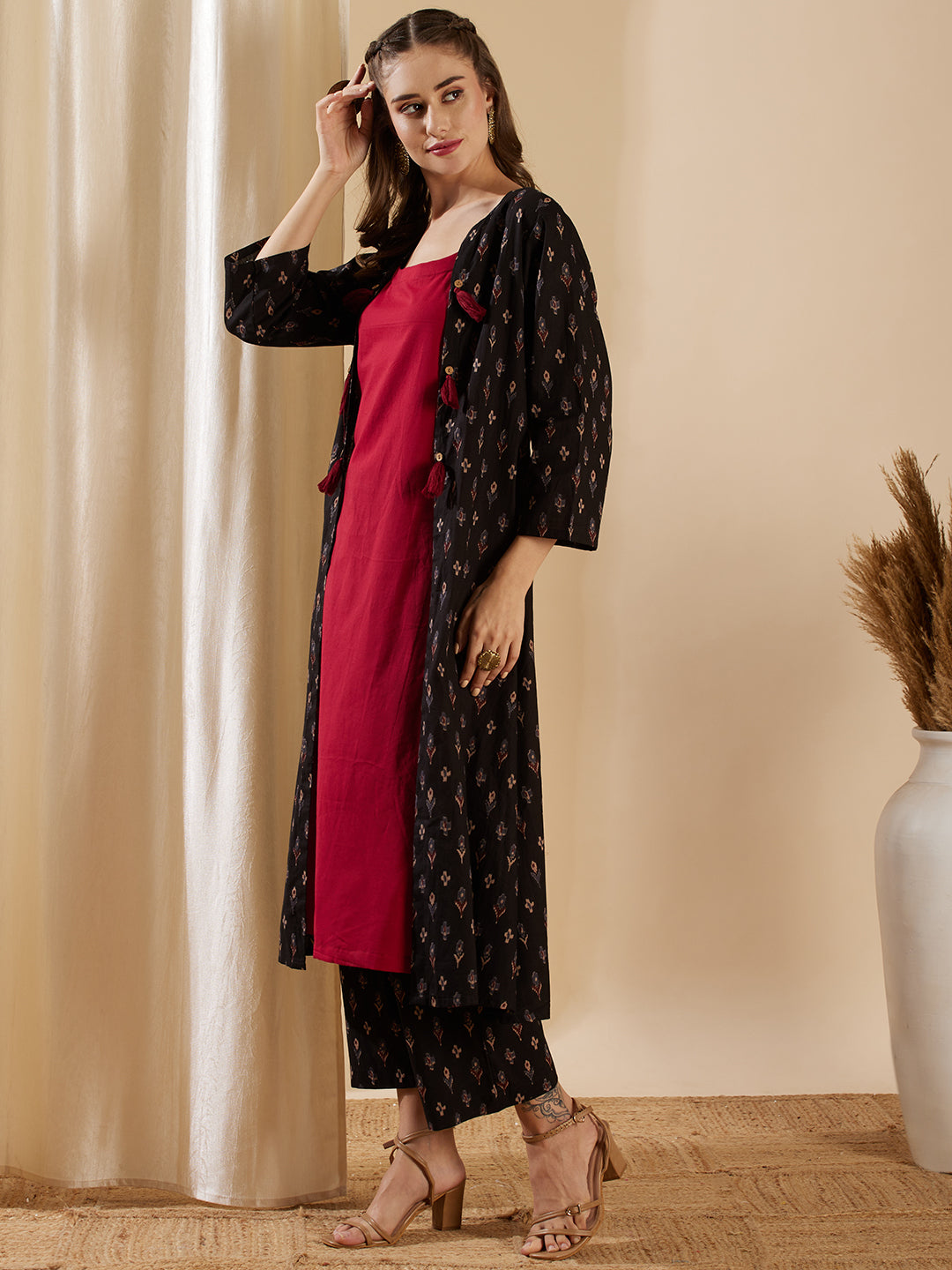 Ethnic Ikat Printed A-Line Jacket with Solid Inner & Printed Palazzo - Black