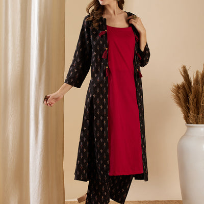 Ethnic Ikat Printed A-Line Jacket with Solid Inner & Printed Palazzo - Black