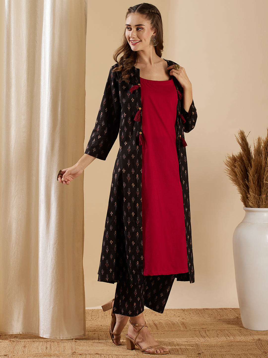 Ethnic Ikat Printed A-Line Jacket with Solid Inner & Printed Palazzo - Black