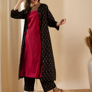 Ethnic Ikat Printed A-Line Jacket with Solid Inner & Printed Palazzo - Black