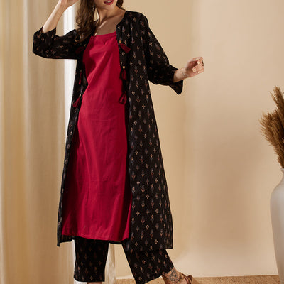 Ethnic Ikat Printed A-Line Jacket with Solid Inner & Printed Palazzo - Black