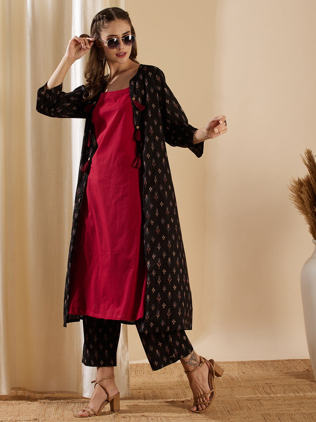 Ethnic Ikat Printed A-Line Jacket with Solid Inner & Printed Palazzo - Black