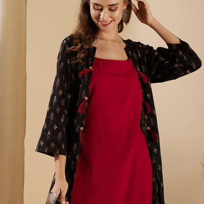 Ethnic Ikat Printed A-Line Jacket with Solid Inner & Printed Palazzo - Black