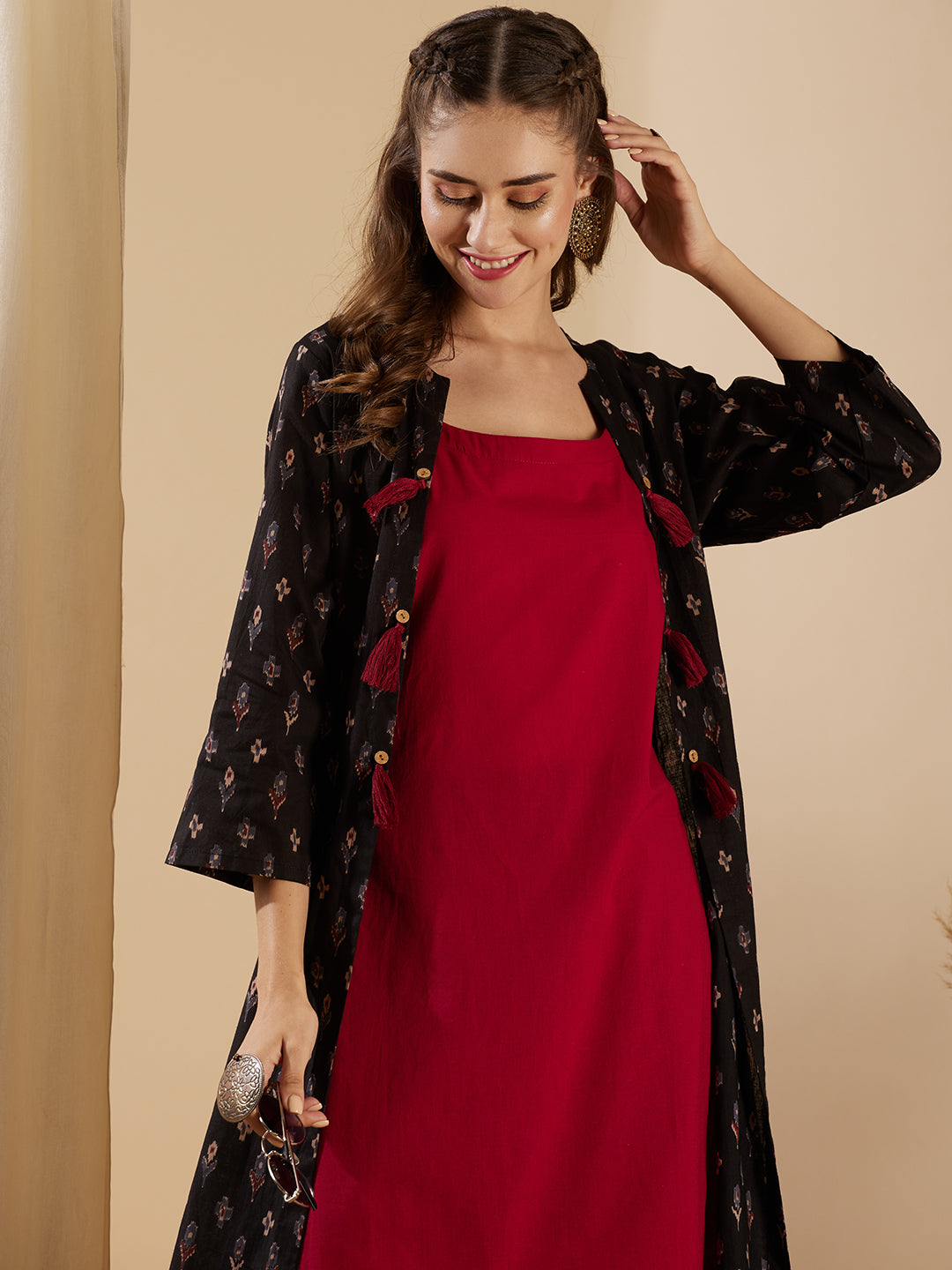 Ethnic Ikat Printed A-Line Jacket with Solid Inner & Printed Palazzo - Black
