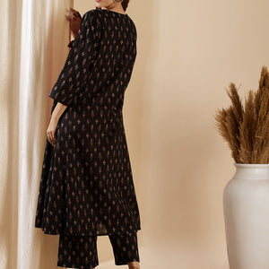 Ethnic Ikat Printed A-Line Jacket with Solid Inner & Printed Palazzo - Black