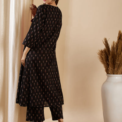 Ethnic Ikat Printed A-Line Jacket with Solid Inner & Printed Palazzo - Black