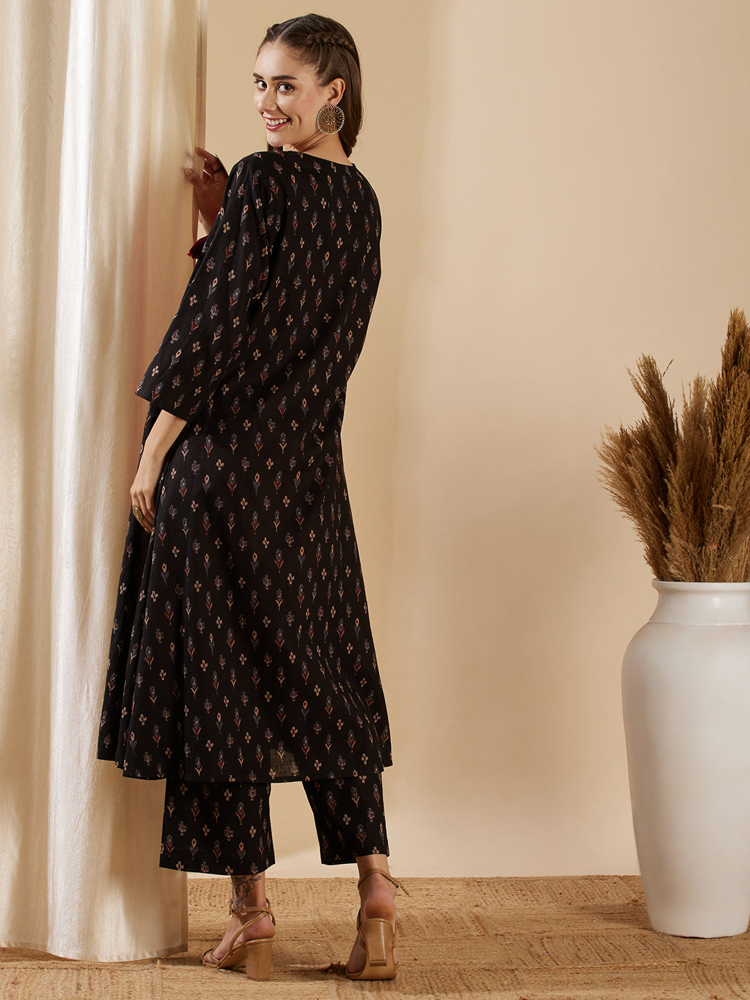 Ethnic Ikat Printed A-Line Jacket with Solid Inner & Printed Palazzo - Black