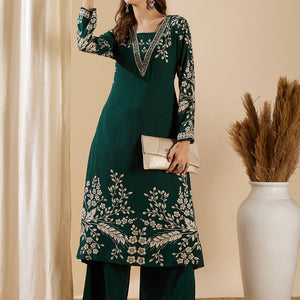 Floral Printed & Hand Embroidered A-Line Kurta with Flared Palazzo - Green