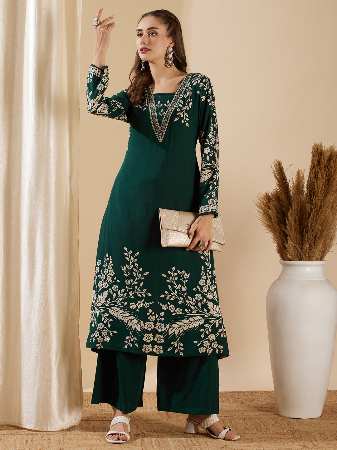 Floral Printed & Hand Embroidered A-Line Kurta with Flared Palazzo - Green