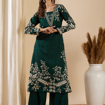 Floral Printed & Hand Embroidered A-Line Kurta with Flared Palazzo - Green