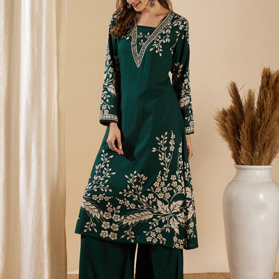 Floral Printed & Hand Embroidered A-Line Kurta with Flared Palazzo - Green