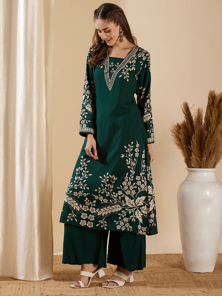 Floral Printed & Hand Embroidered A-Line Kurta with Flared Palazzo - Green