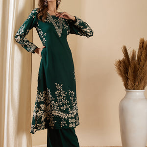 Floral Printed & Hand Embroidered A-Line Kurta with Flared Palazzo - Green