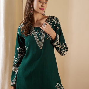 Floral Printed & Hand Embroidered A-Line Kurta with Flared Palazzo - Green