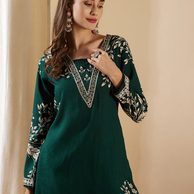 Floral Printed & Hand Embroidered A-Line Kurta with Flared Palazzo - Green