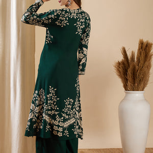 Floral Printed & Hand Embroidered A-Line Kurta with Flared Palazzo - Green
