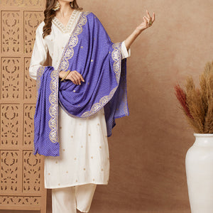 Solid Ethnic Gota Embroidered Kurta with Pant & Bandhani Printed Dupatta - Off White